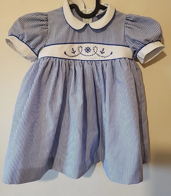 Abito vintage per bambine BELART blu a righe bianche età altezza 9 mesi 74 cm