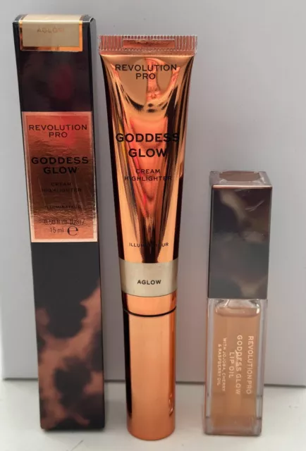 Revolution Pro Goddess Glow Summer Duo - Evidenziatore Aglow e olio per labbra NUOVO