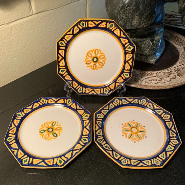 Set of 3 c.1895 HB Quimper France Octagonal 7 3/8" Plates Floral Faience Design