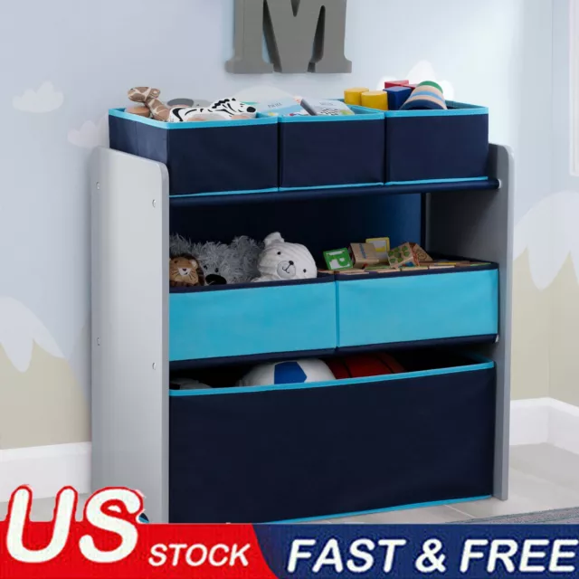 Kids Toy Storage Box 6 Bin Organizer Shelf Playroom Bookcase Bedroom Grey/Blue
