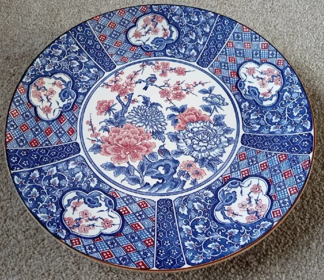 Japanese Arita Ware Blue and White Charger with Pink White Chrysanthemums Plate