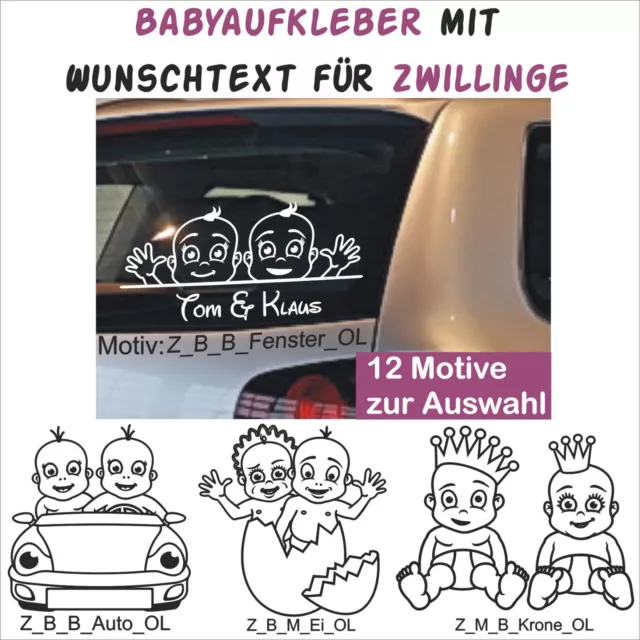 Babyaufkleber Auto Sticker Wunschname + Baby on Board Baby-Motive für Zwillinge 2