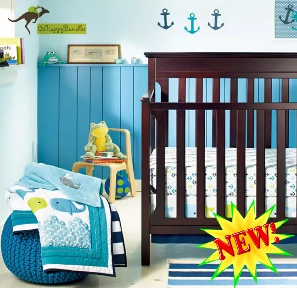 New Baby Boys 4 Pieces Whale Ocean Theme Cotton Nursery Bedding Crib Cot Sets