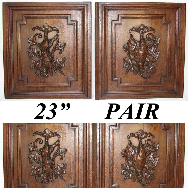 PAIR Antique Victorian 25" Carved Architectural Furniture Doors, Panels: Hunt