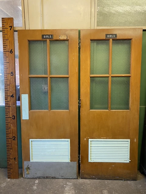 Pair of Girls Bathroom School Doors w/ Beautiful Chicken Wire Glass 32”x82”
