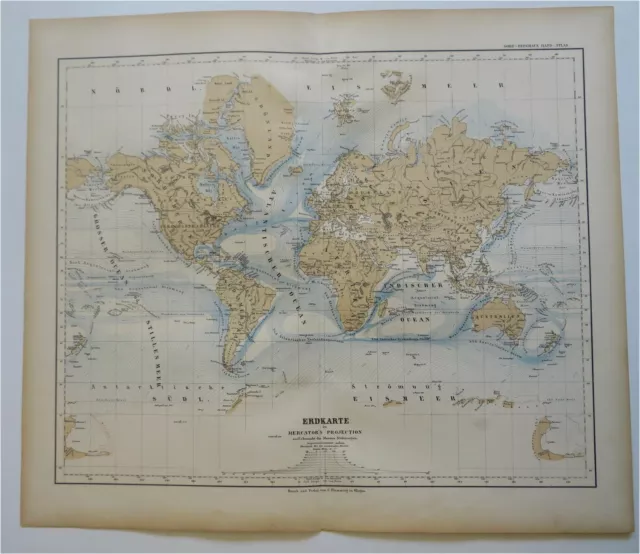 World Map Mercator's Projection Oceans southern continent 1886 Flemming map