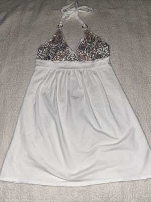 Victoria's Secret Y2K Bra Tops White Gold Sequined Mini Halter Dress Size Small