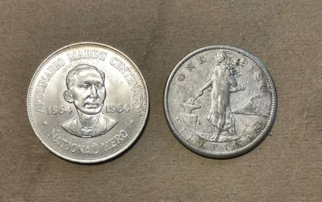 Philippines - (2) Large Silver Pesos (1907 & 1964)