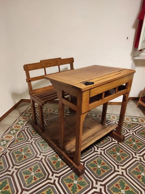 Banco Da Scuola Antico Orig. Vintage Vecchio 800 900 Sedia Tavolino Legno Epoca