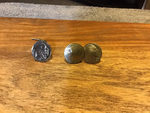Buffalo Indian Head Nickel Coin Jewelry Cuff Links-Handmade-Vintage & Tie Tack