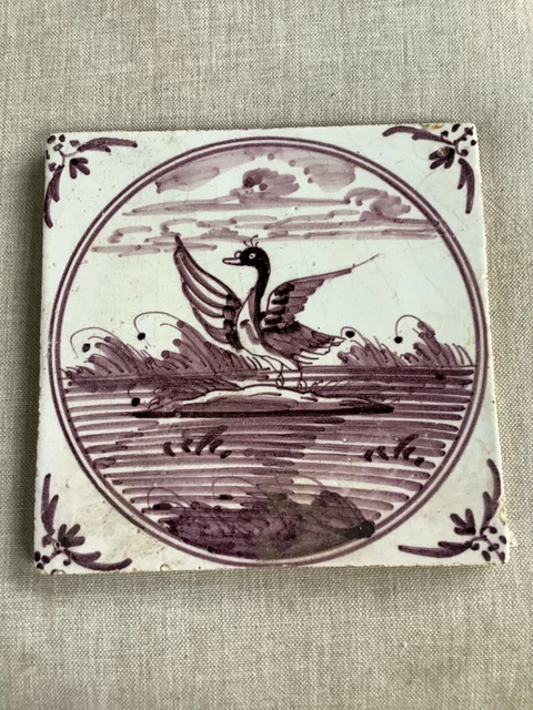 2 rare Antique 18th Century Manganese Delft Bird  Scene Tile 2