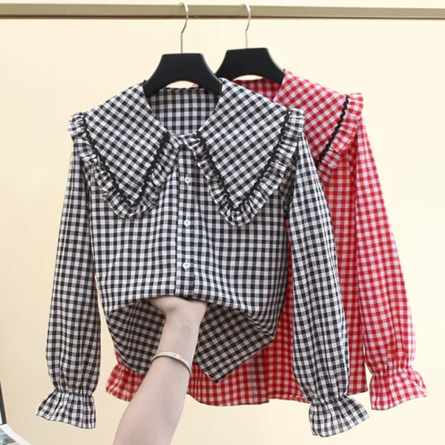 Women Plaid Shirt Lolita Checkered Blouse Peter Pan Collar Tops Lady Streetwear