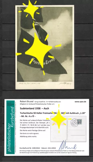 Sudetenland "Fotokarte Sudetenland 1938 - Asch Mi.Nr 4 a und Propagandastempel"