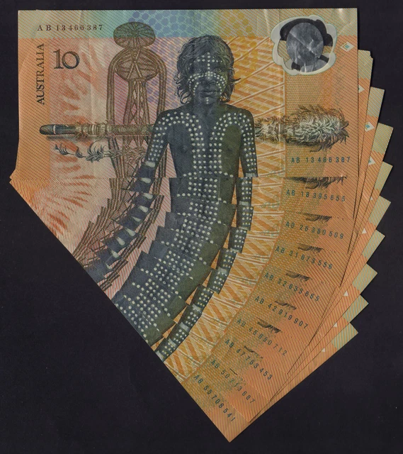 Australia R-310.. 1988 Bi-Centennial $10 x 10 Notes. Various Prefixes. aVF-gVF