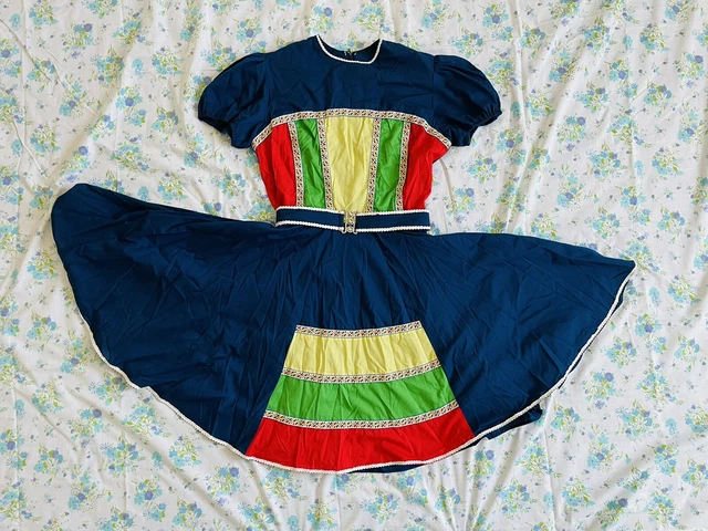 Vintage Kate Schorer Red Blue Green Yellow Lace Prairie Square Dance Dress