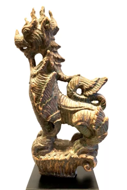 Burmese antique Chinthe mythological figure wood statue 3