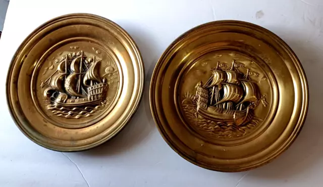 Vintage 1970's MCM Brass 3D Nautical Plaque Plates Set- English Ships