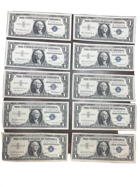 1957 One Dollar Bill Silver Certificate  Average Circ Blue Seal Lot of  10