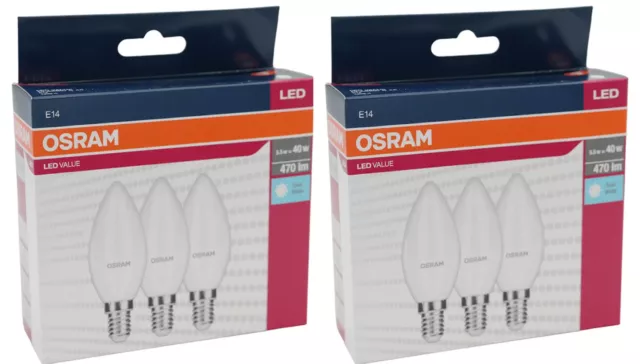 6 x Osram LED Leuchtmittel Kerzen 5,5W = 40W E14 matt 470lm kaltAweiß 4000K
