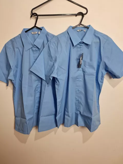 BHS Pack 2 Blue Short Sleeve Shirt Girls Regular Fit Collar Button-Up Size 14