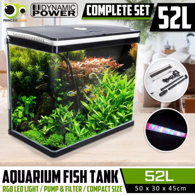Aquarium Fish Tank Curved Glass RGB LED Light Complete Set Filter Pump 52L