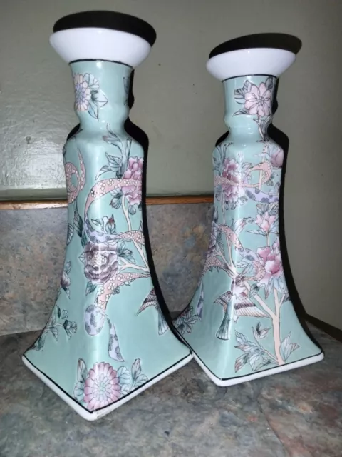 Pair of Candle Sticks Chinoiserie Vintage Chinese  Porcelain Floral Birds