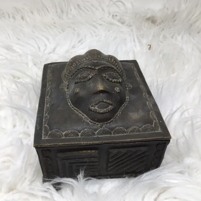 Rare Antique Ashanti Bronze Gold Dust Box With  Mask Decoration In Relief