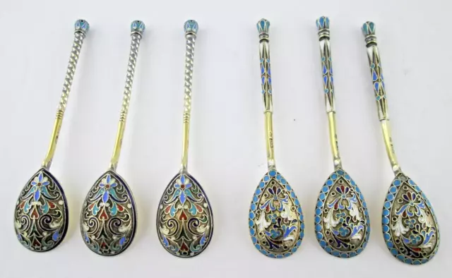 Antique RUSSIAN Silver 84 GILT CLOISONNE ENAMEL 6 Spoons