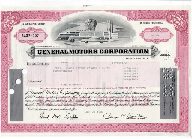 General Motors Corp., 1983, rarer pink ...not more than 10.000 shares, VF