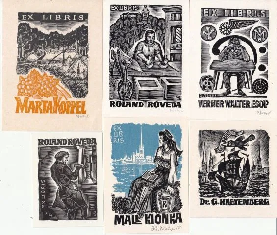 10 Exlibris Bookplate Hochdrucke Johann Naha 1902-1982 Konvolut Lot Roland