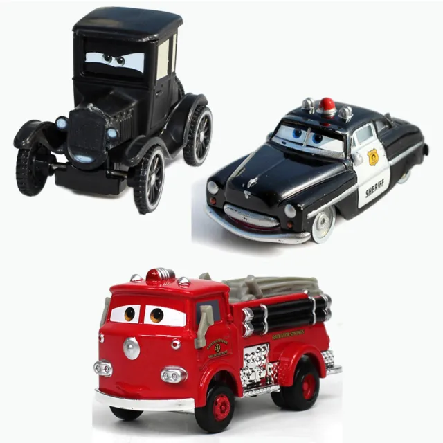 3 Pack Disney Pixar Cars McQueen Gift Red Firetruck & Lizzie & Sheriff Model Car