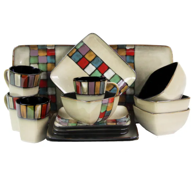 Elama Color Melange 16 Piece Multicolored Square Stoneware Dinnerware Set