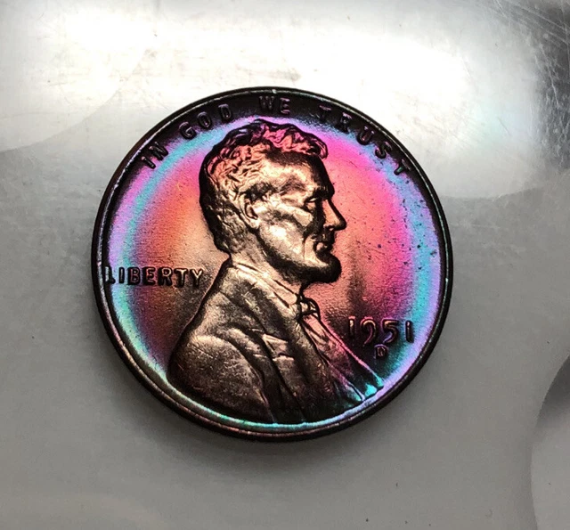 Lincoln Wheat Cent 1951 D BU Monster rainbow TONED US Coin