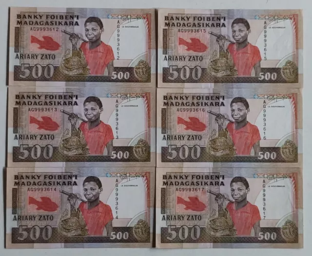 Billets Neufs Banque Madagascar séquence 6 Pièces 500 Francs / 100 Ariary 1988