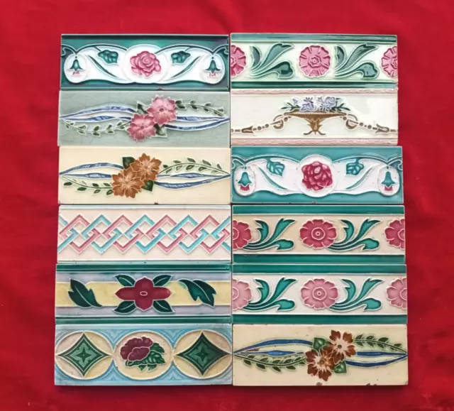 12 Pieces Lot Art Deco Floral Design Embossed Majolica Ceramic Tiles Japan 0328