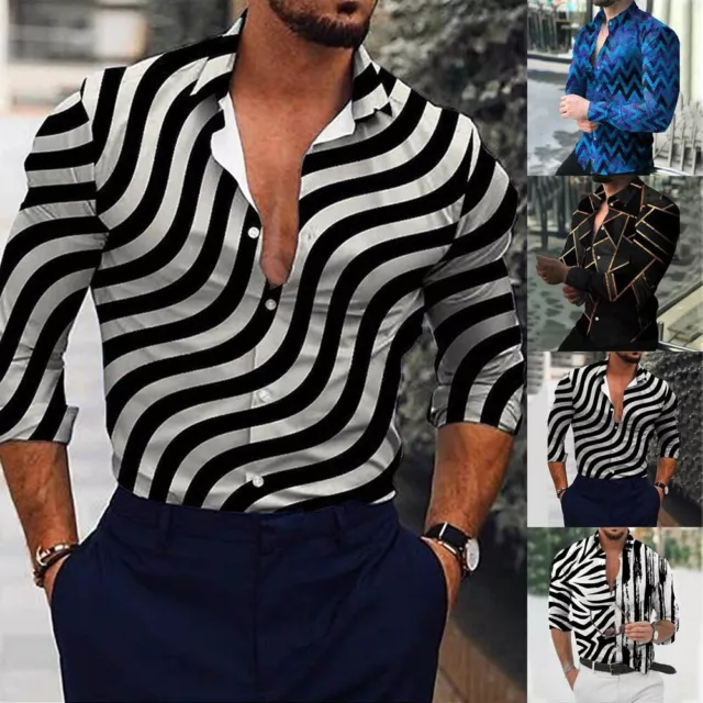 Men's Fashionable Long Sleeved Sports Shirt with Lapel and Bold Prints