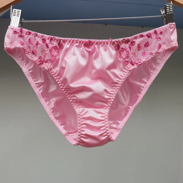 VINTAGE SILKY NYLON Panties Hot Pink Bikini Floral Lace Brief Size 8