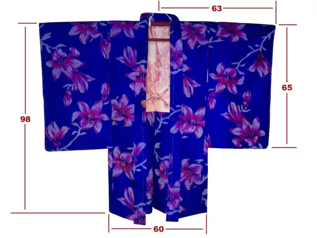 Lovely Vintage Purple & Blue Meisen Silk Floral Design Naga-Haori: ‘Mokuren'