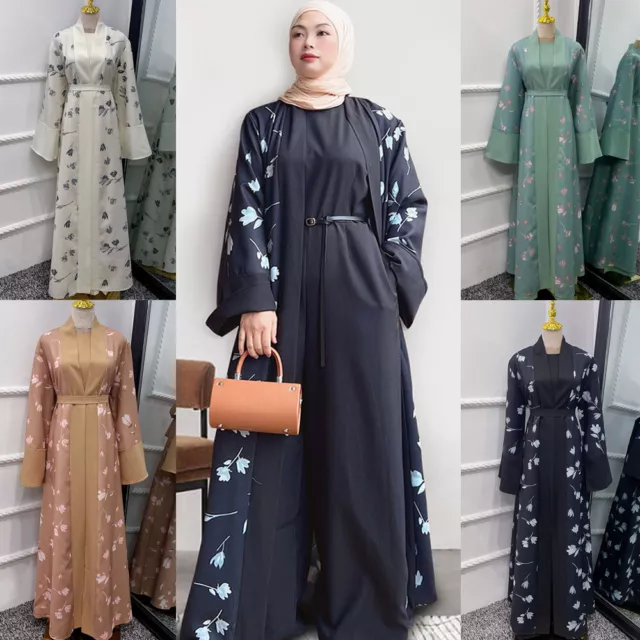 Dubai Abaya Robe Muslim Women Floral Open Cardigan Maxi Dress Kaftan Robe Arab