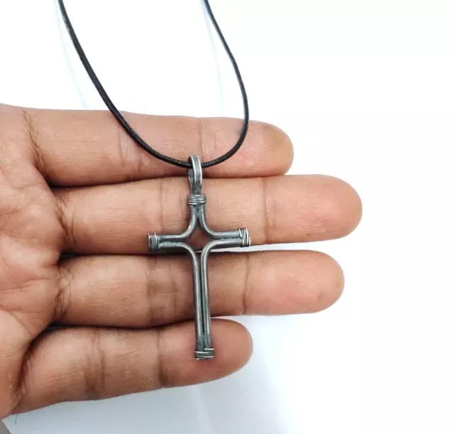 New 925 Sterling Silver Cross Necklace Jesus Pendant Leather Christian Jewelry