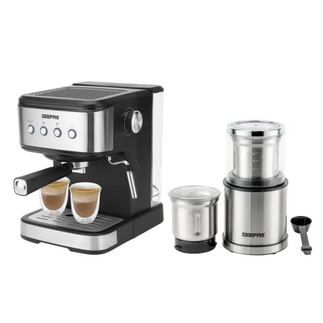 GEEPAS 15 Bar Espresso Cappuccino Coffee Machine & 200W Coffee Grinder Set