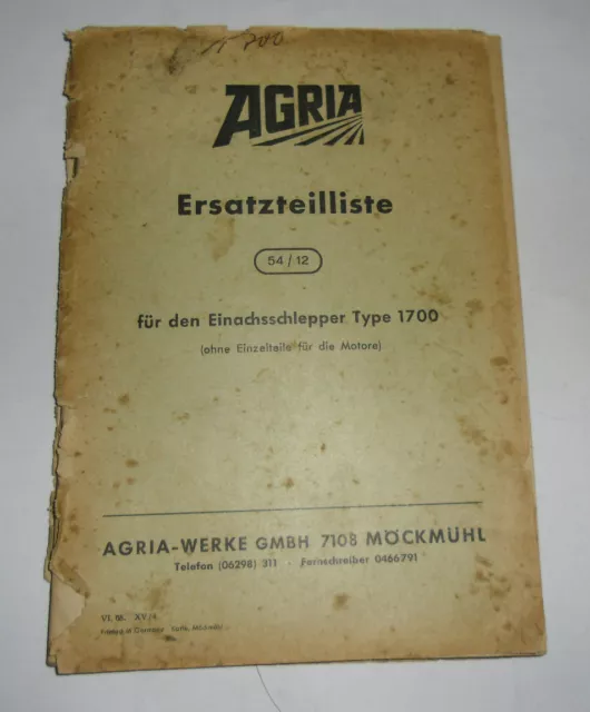 Spare Parts List 54/12 Agria For Einachsschlepper Type 1700 Stand 1968