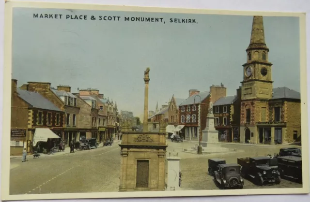 Old Postcard of Market Place & Scott Monument, Selkirk, 1951