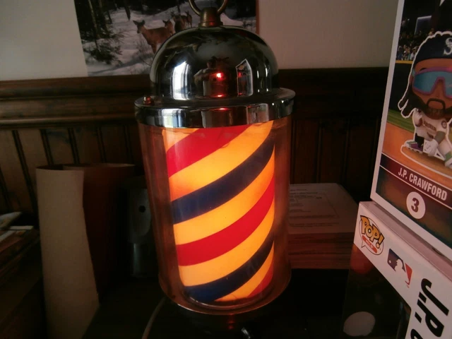 vintage barber shop light, hanging 13" white blue strip rotating working