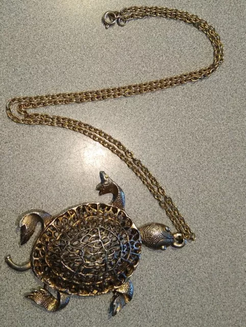 Vintage Large Turtle Reticulated Pendant Necklace, RETRO, Gold tone