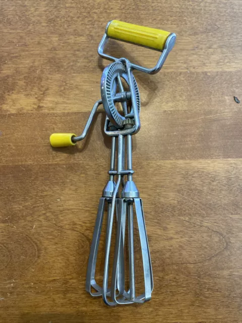 Vintage Egg Beater Hand Mixer Yellow Handle Kitchen Utensil Works Great Maynard?