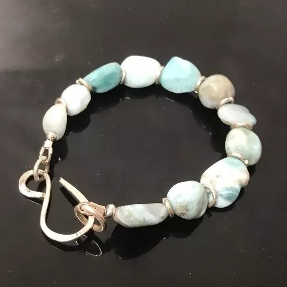 Larimar Nugget Natural Sterling Silver 925 Bracelet Bohemian Rustic Handmade