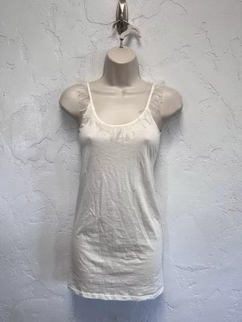 Helmut Lang Cotton Cashmere Strappy Knit Tank Top Feathery Eyelash Trim Cream XS