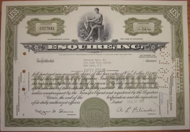 Esquire, Inc. 1967 Stock Certificate, Publishing, Olive, Less Than 100 Shares