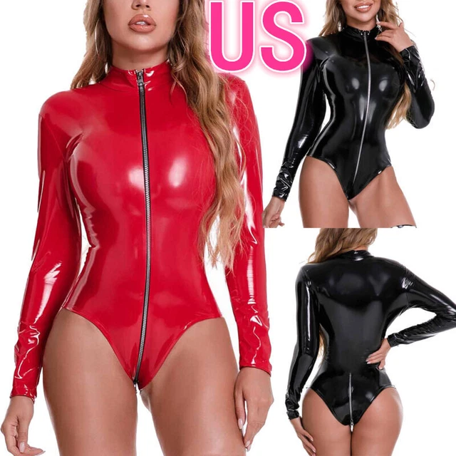 US Women Patent Leather Bodysuit Zipper Catsuit Sexy Tank Leotard Jumpsuit Party
